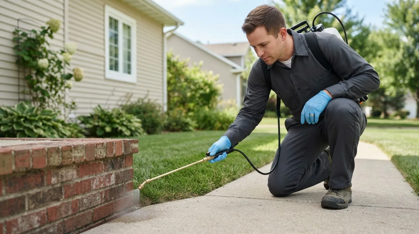 Pest control technician treating a home near Harvard, MA